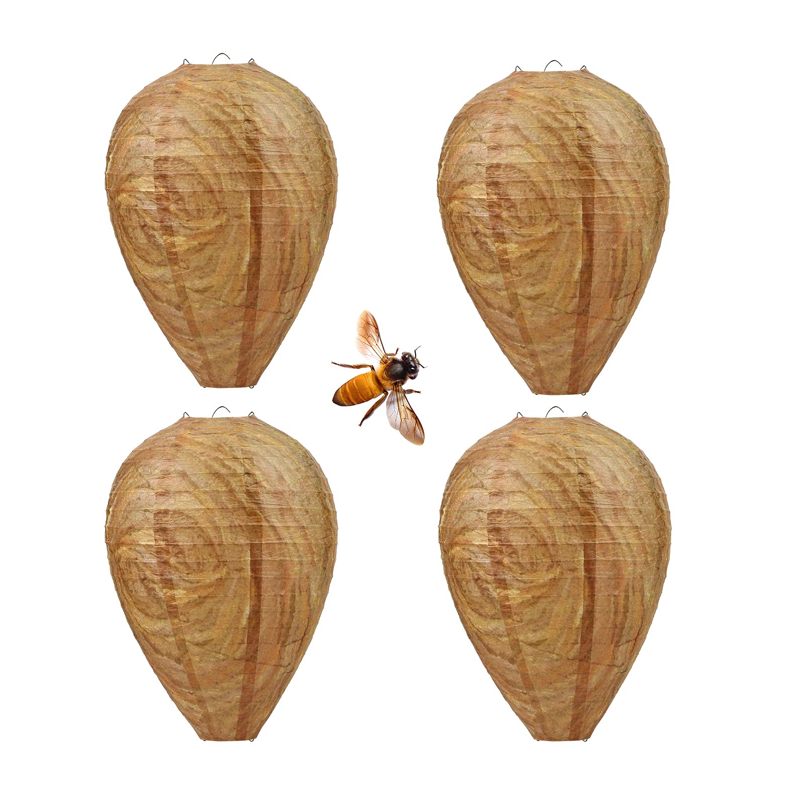 GWHOLE four-pack fake wasp nest hanging outdoors deters yellow jackets.