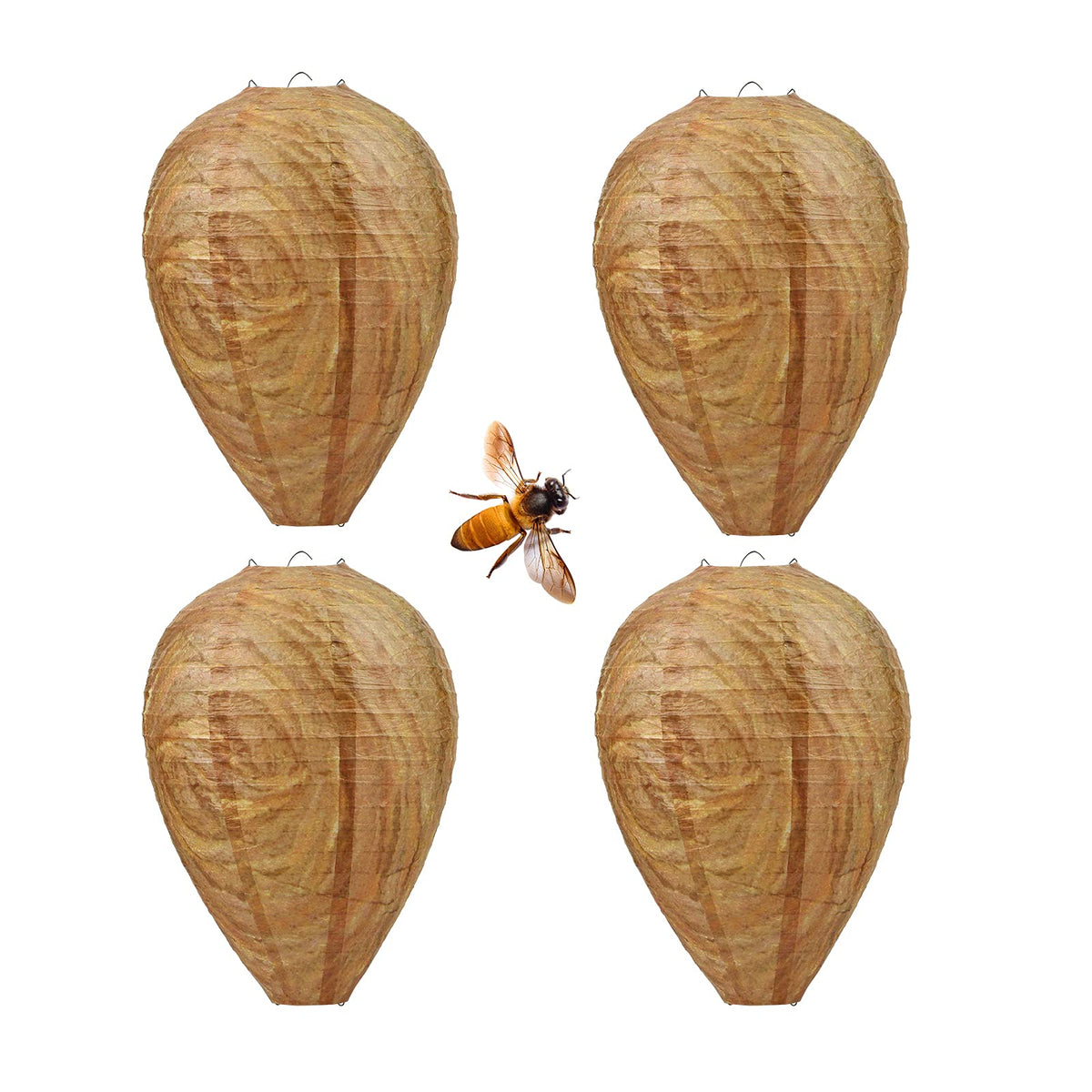 GWHOLE four-pack fake wasp nest hanging outdoors deters yellow jackets.