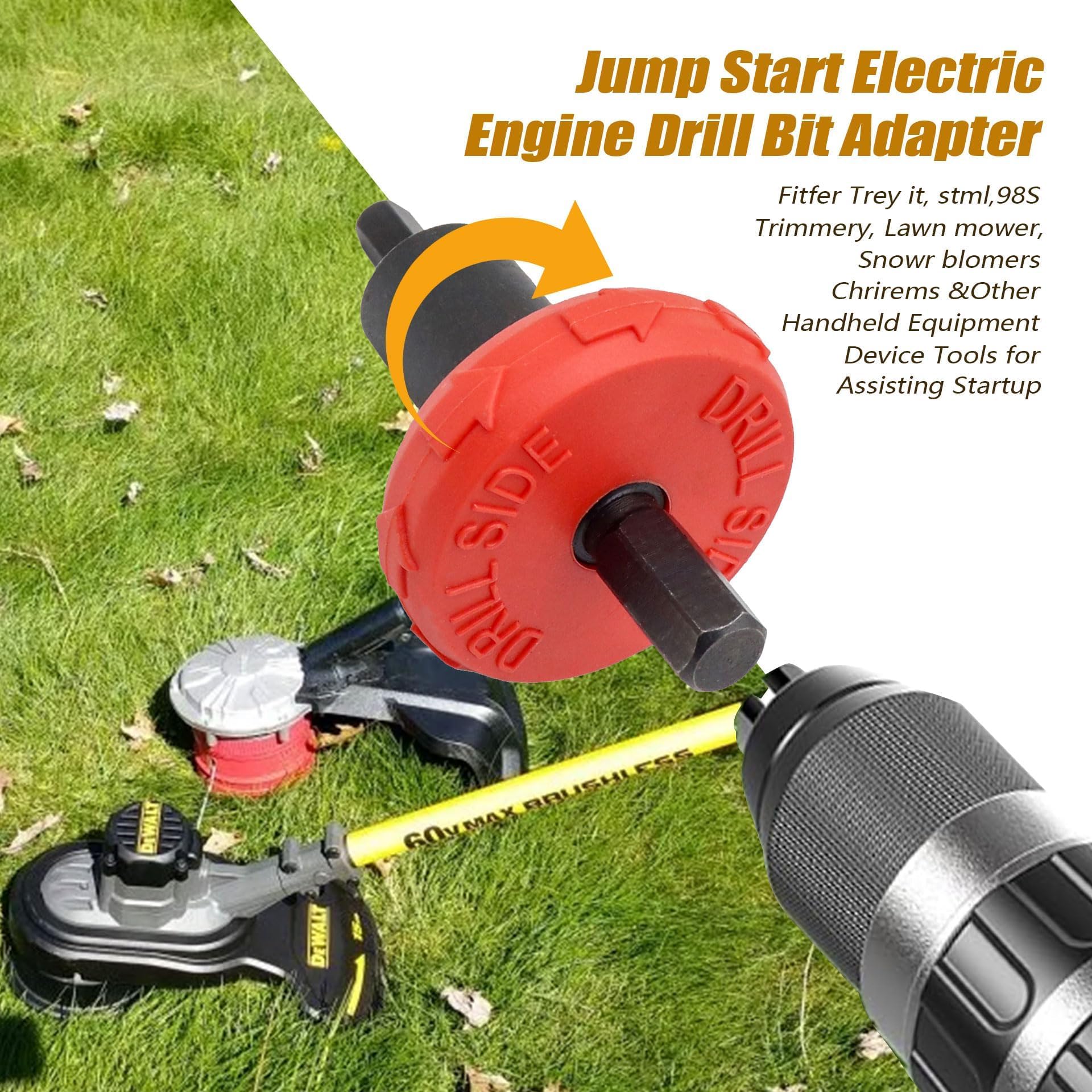 Adapter connected to drill bit simplifies electric start for lawn mowers.