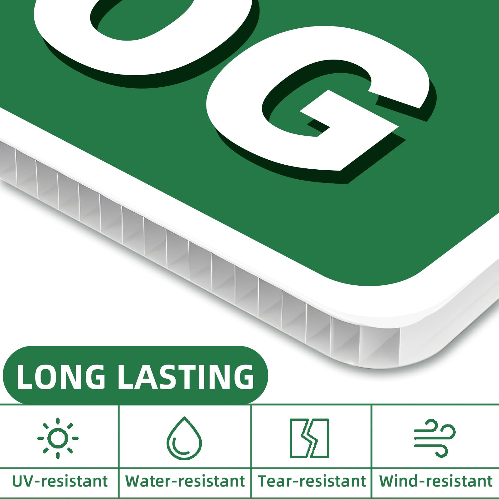 GXGGUS Outdoor yard sign material highlights UV-coated plastic for weather resistance.