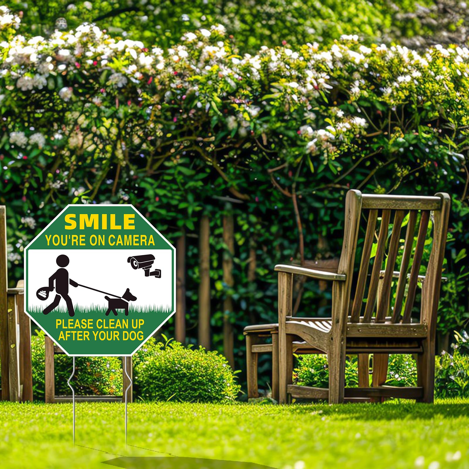 GXGGUS smile your on camera sign invites dog waste cleanup.