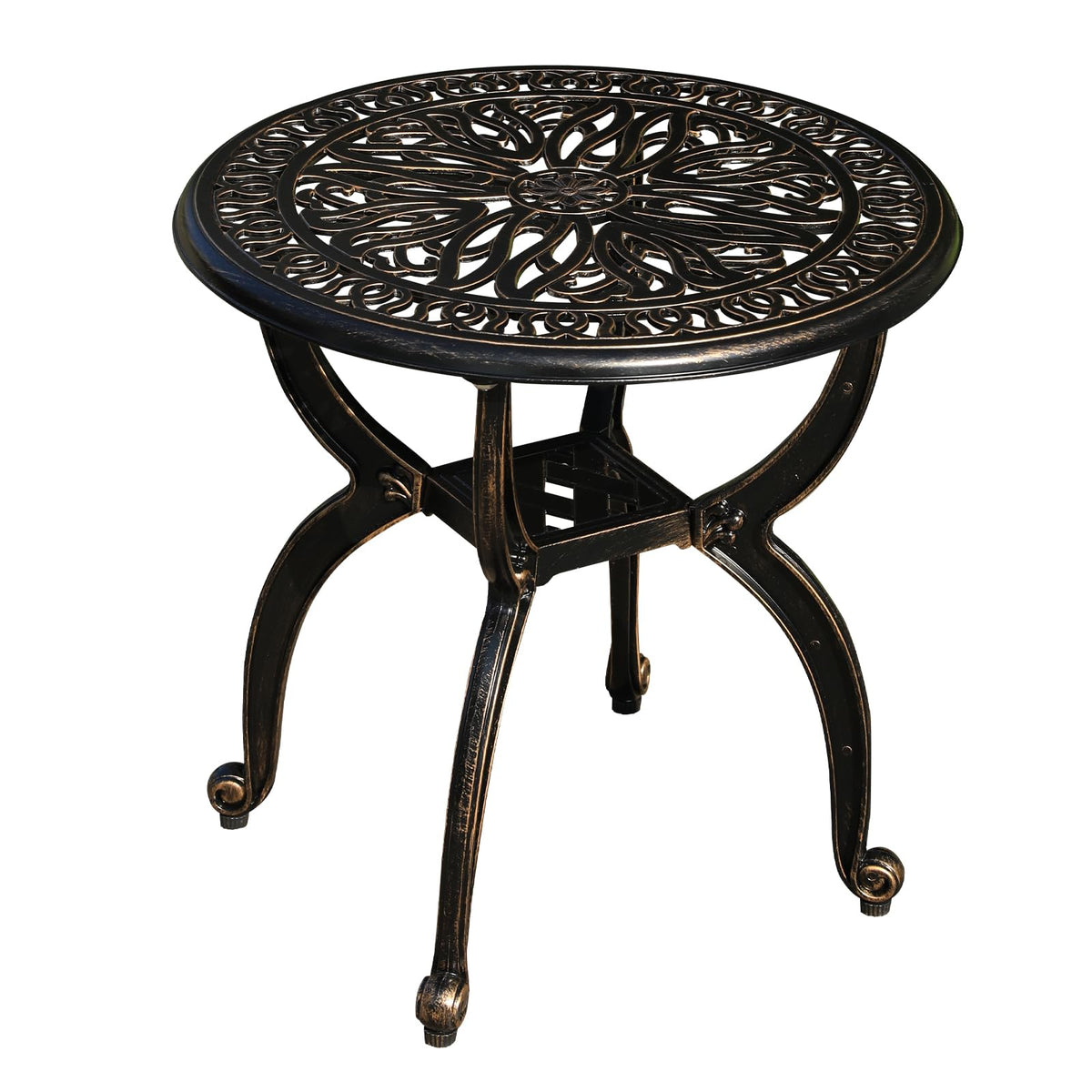 GXOUTAL cast aluminum outdoor side table with floral top, durable for weather exposure