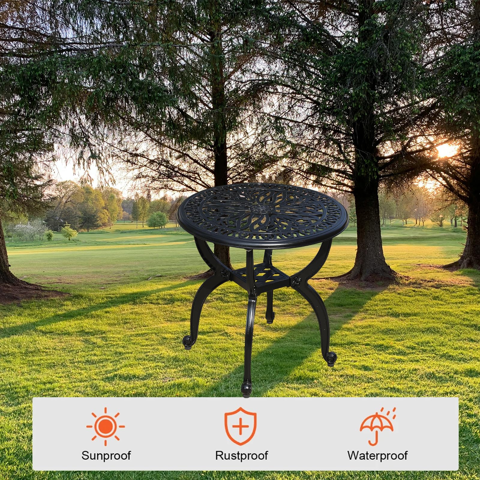 GXOUTAL weather-resistant cast aluminum table all-season durability for patios and parks.