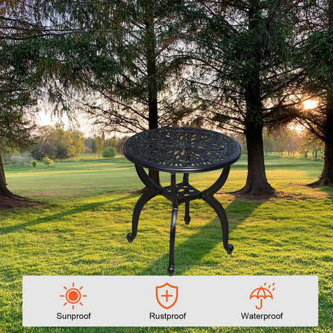 GXOUTAL weather-resistant cast aluminum table all-season durability for patios and parks.