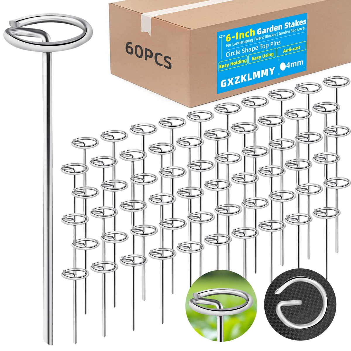 GXZKLMMY 60pcs thick 8-gauge circle-top pins for sturdy ground anchoring.