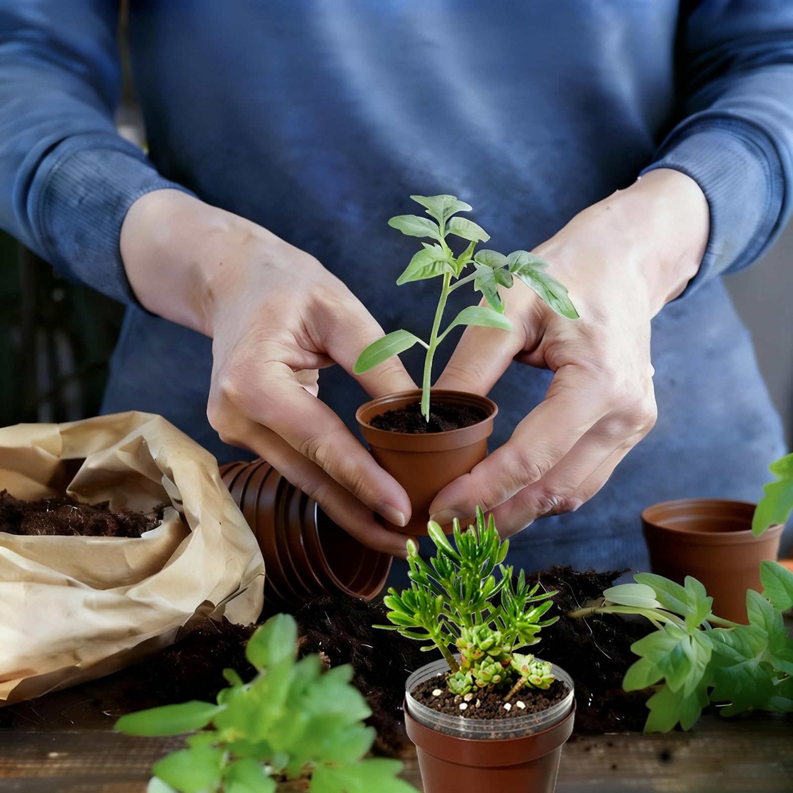 Gyfofix compact desk garden using 2-inch pots for a tidy, small-space setup.