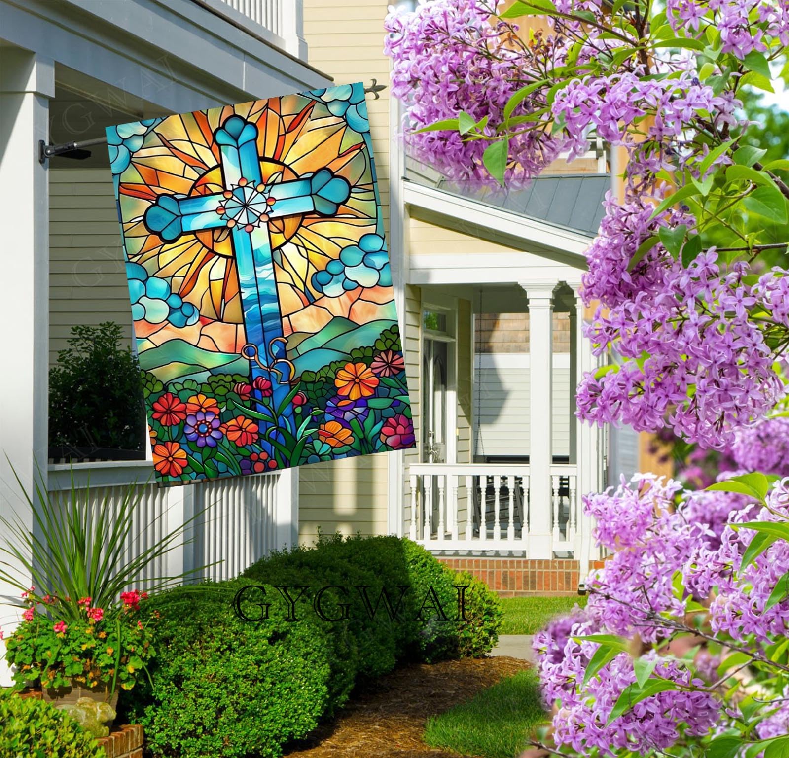 GYGWAI stained glass cross flag highlights vivid colors for spring curb appeal