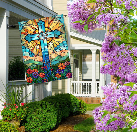 GYGWAI stained glass cross flag highlights vivid colors for spring curb appeal