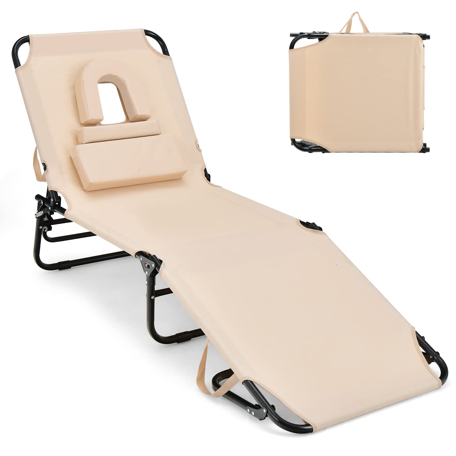 GYMAX tanning chair with face hole for comfortable outdoor sunbathing.