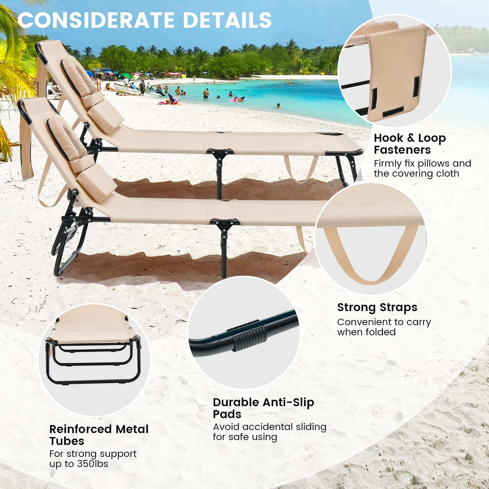 GYMAX foldable beach chair with carry strap for portability.