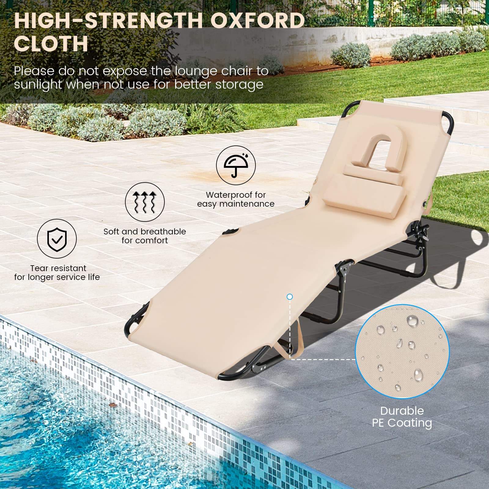 GYMAX tanning chair supports up to 330lbs for versatile lounging.