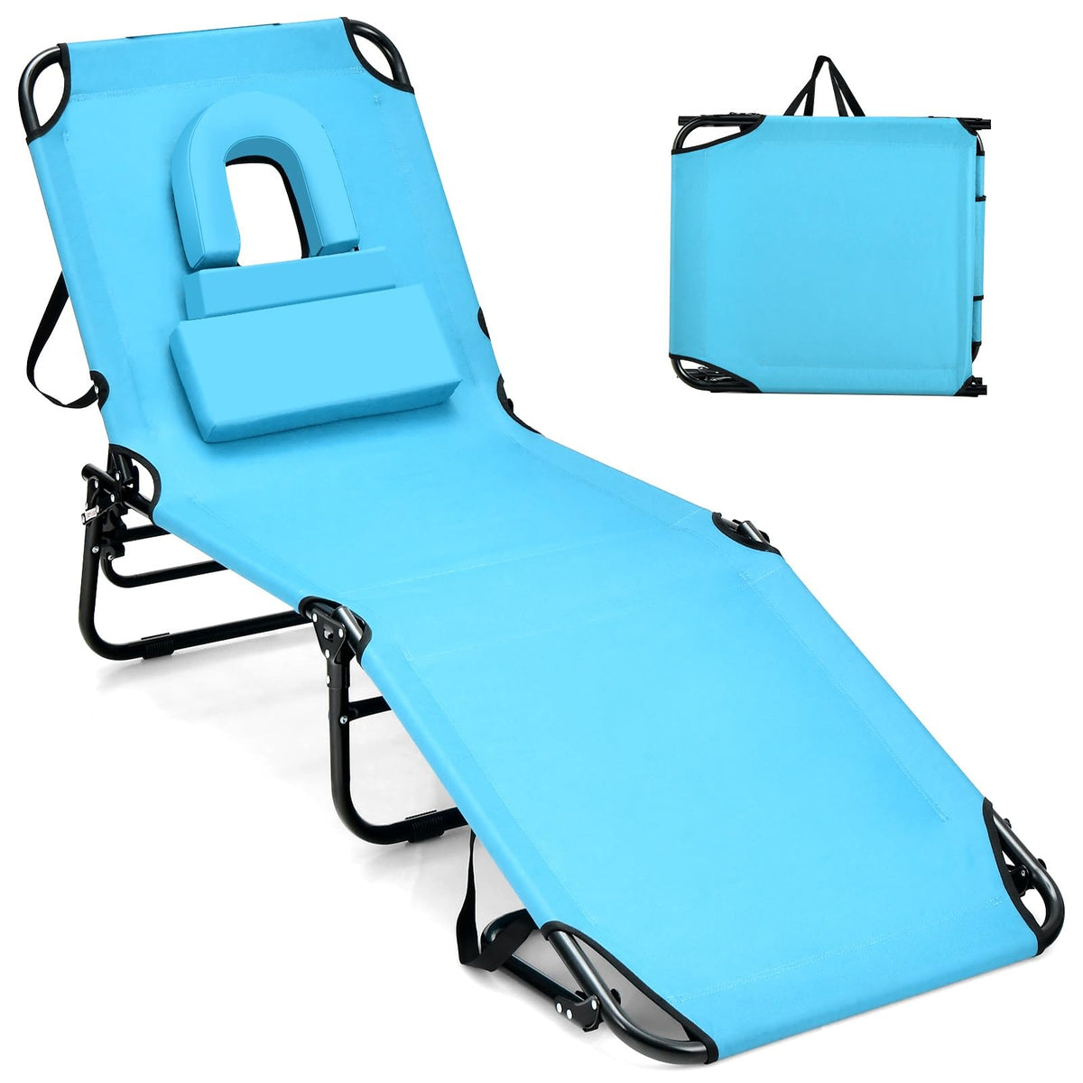 GYMAX tanning chair with face hole for comfortable sunbathing outdoors.