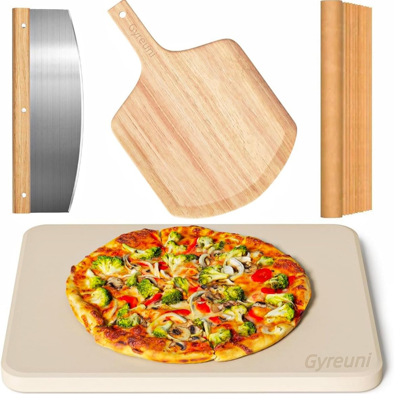 Gyreuni rectangle pizza stone 15x12in for evenly heated crusts in oven or grill.