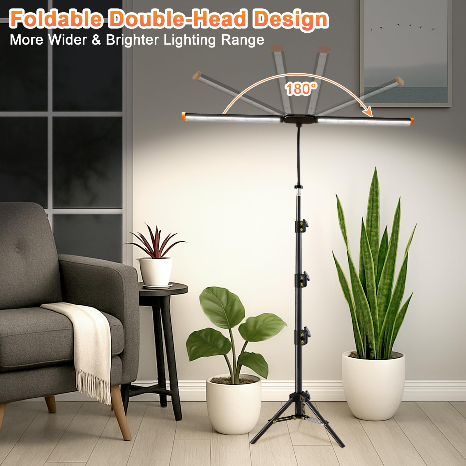 GYTF grow light with stand demonstrating adjustable tripod height for tall plants