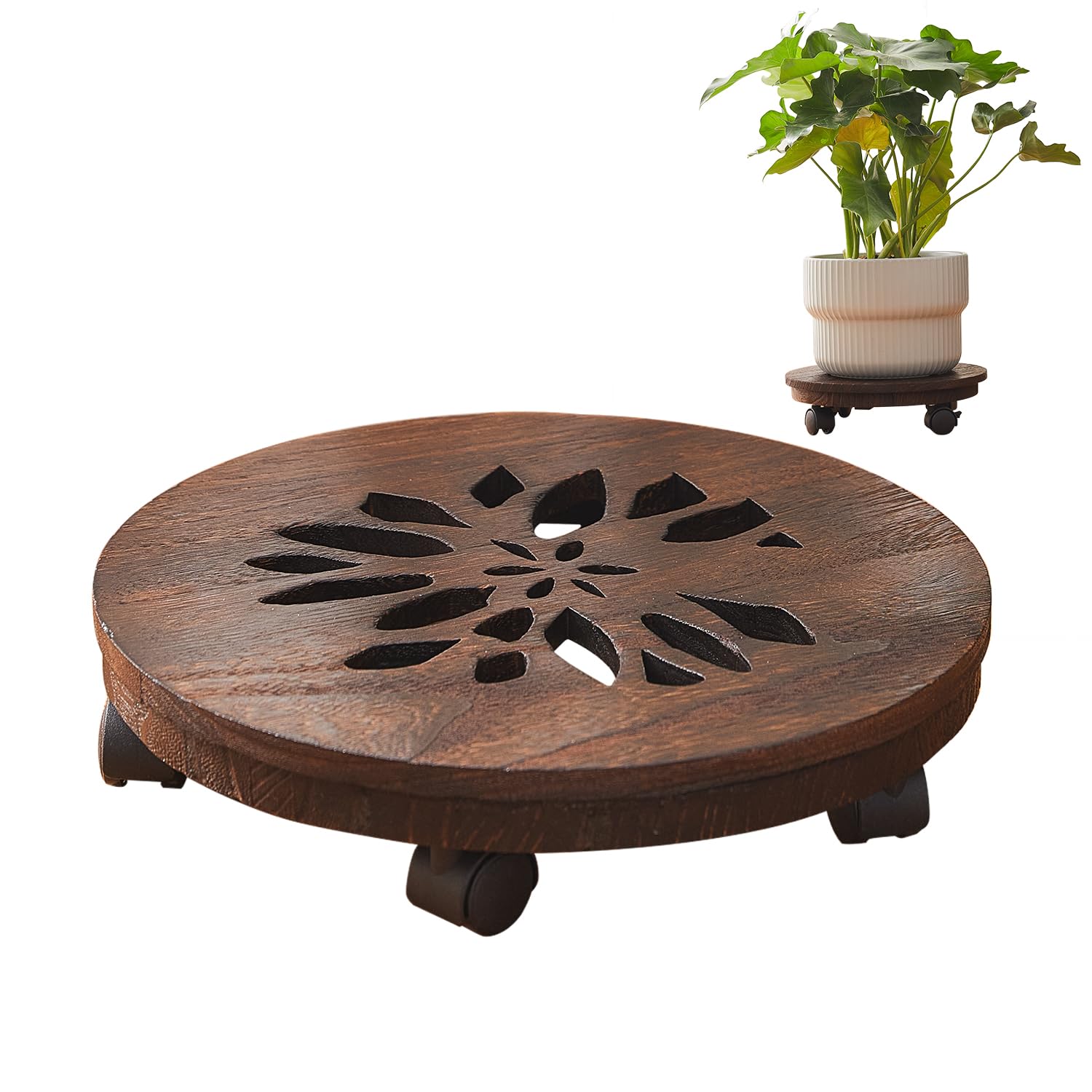 GZQWDC wood plant stand with wheels side view for easy mobility.