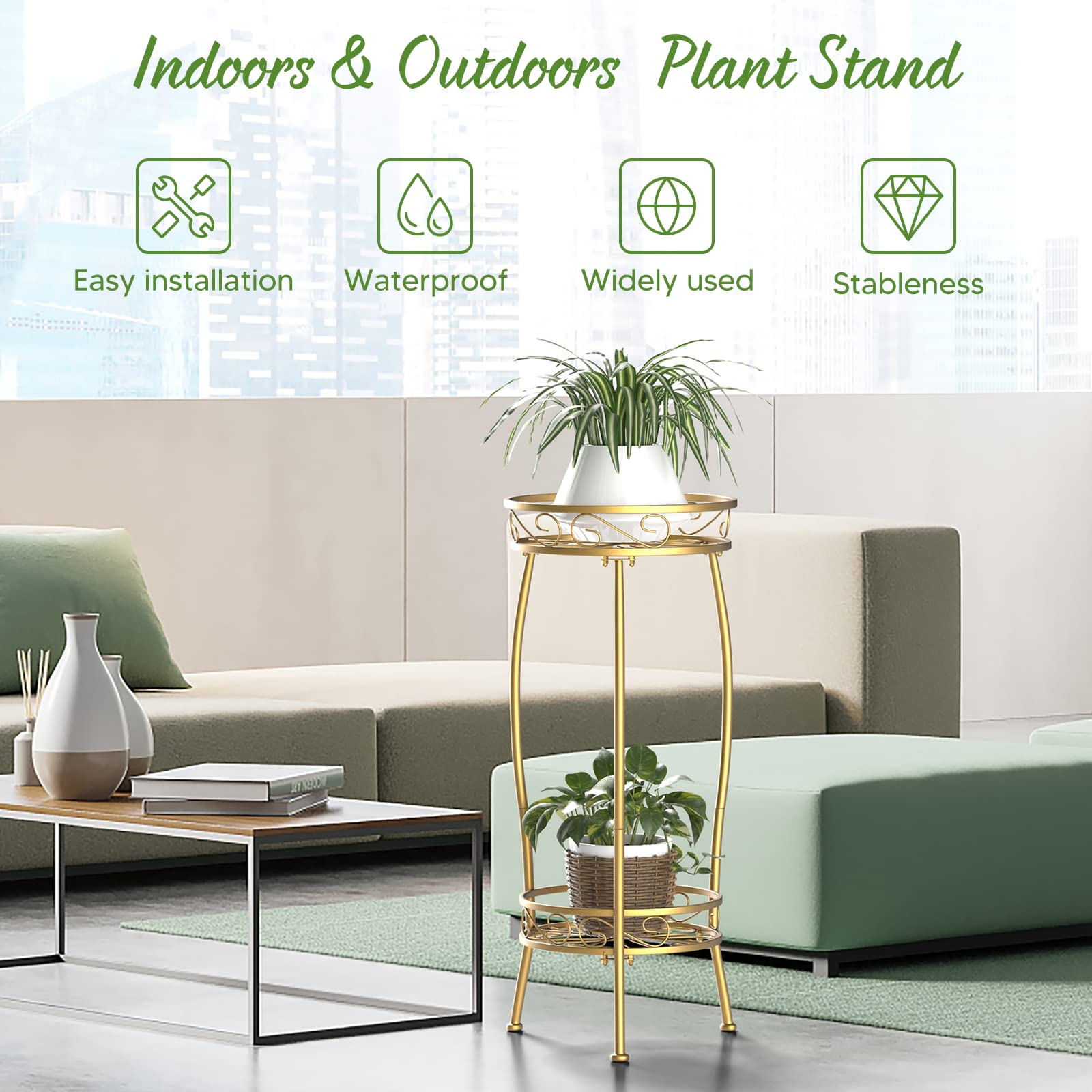 H HOMEXIN vintage-style metal plant stand adds elegant display.