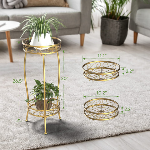 H HOMEXIN space-saving plant stand holds two pots in tight corners.