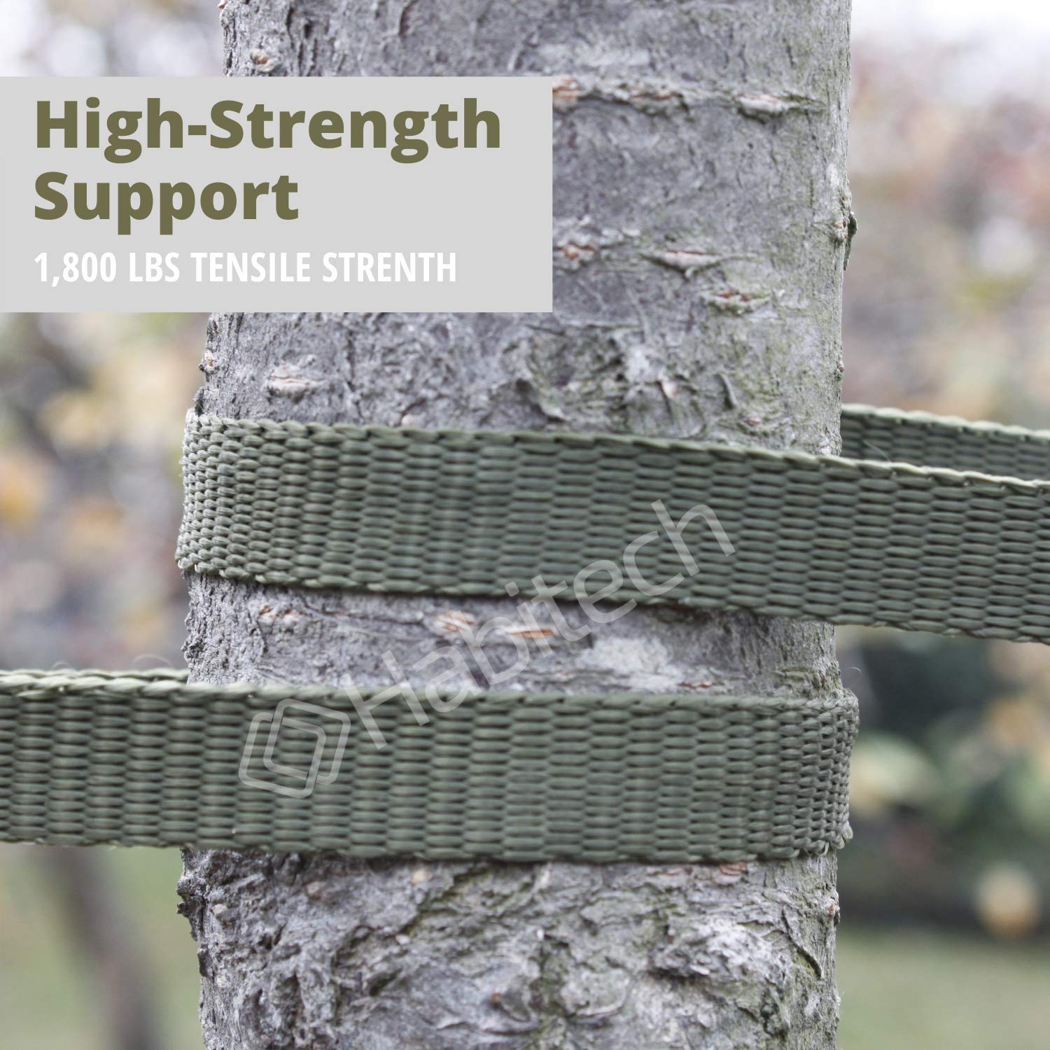 Habitech 1800lb-strength tree strap securely anchors large trees without bark damage.