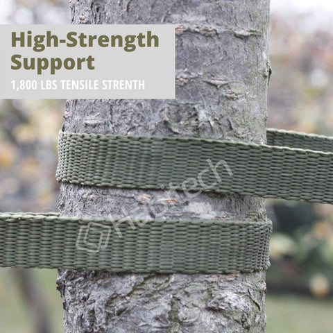 Habitech 1800lb-strength tree strap securely anchors large trees without bark damage.