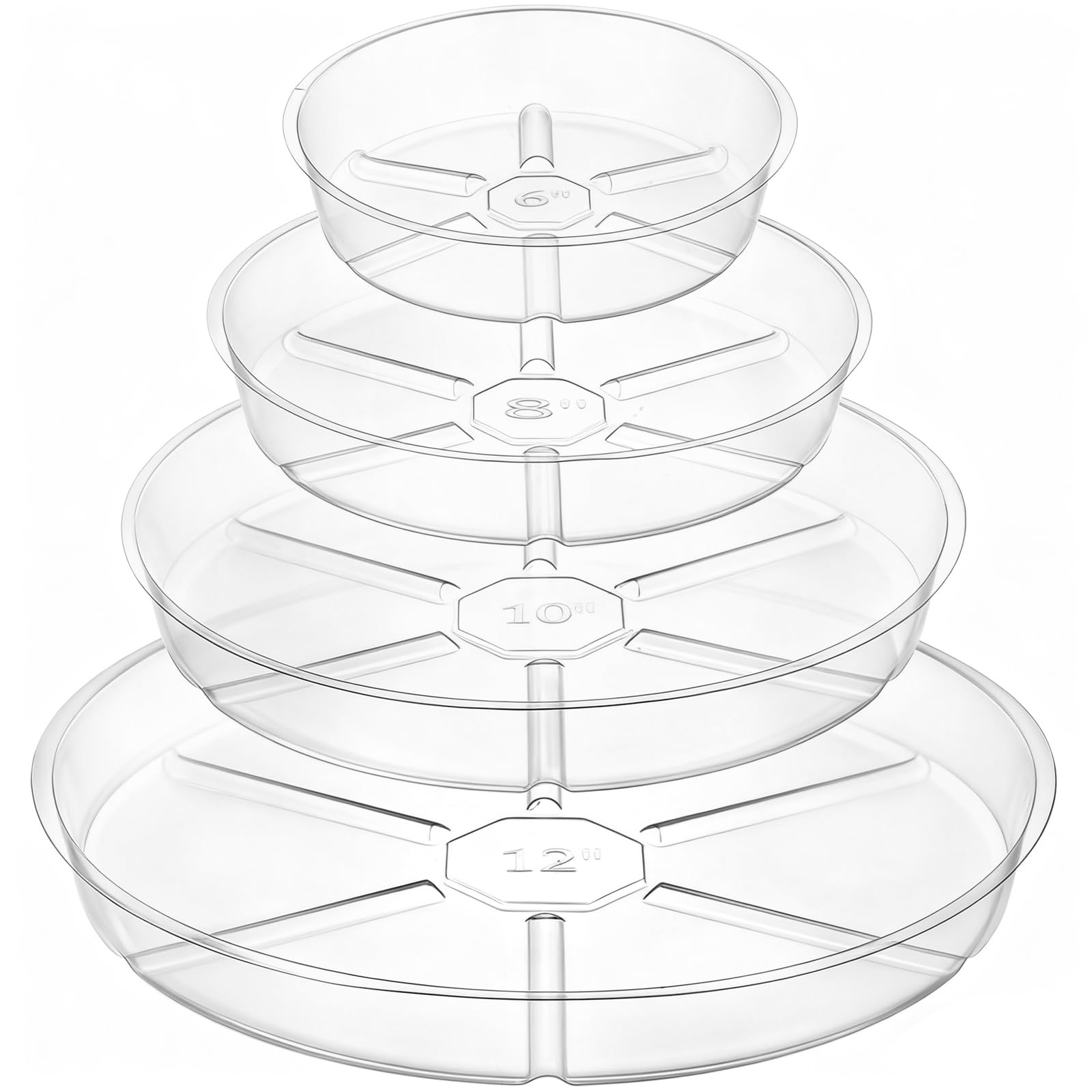 Hacaroa clear 6-inch plant saucer, bottom view, flexible plastic resists cracking.