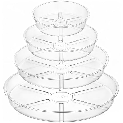 Hacaroa clear 6-inch plant saucer, bottom view, flexible plastic resists cracking.