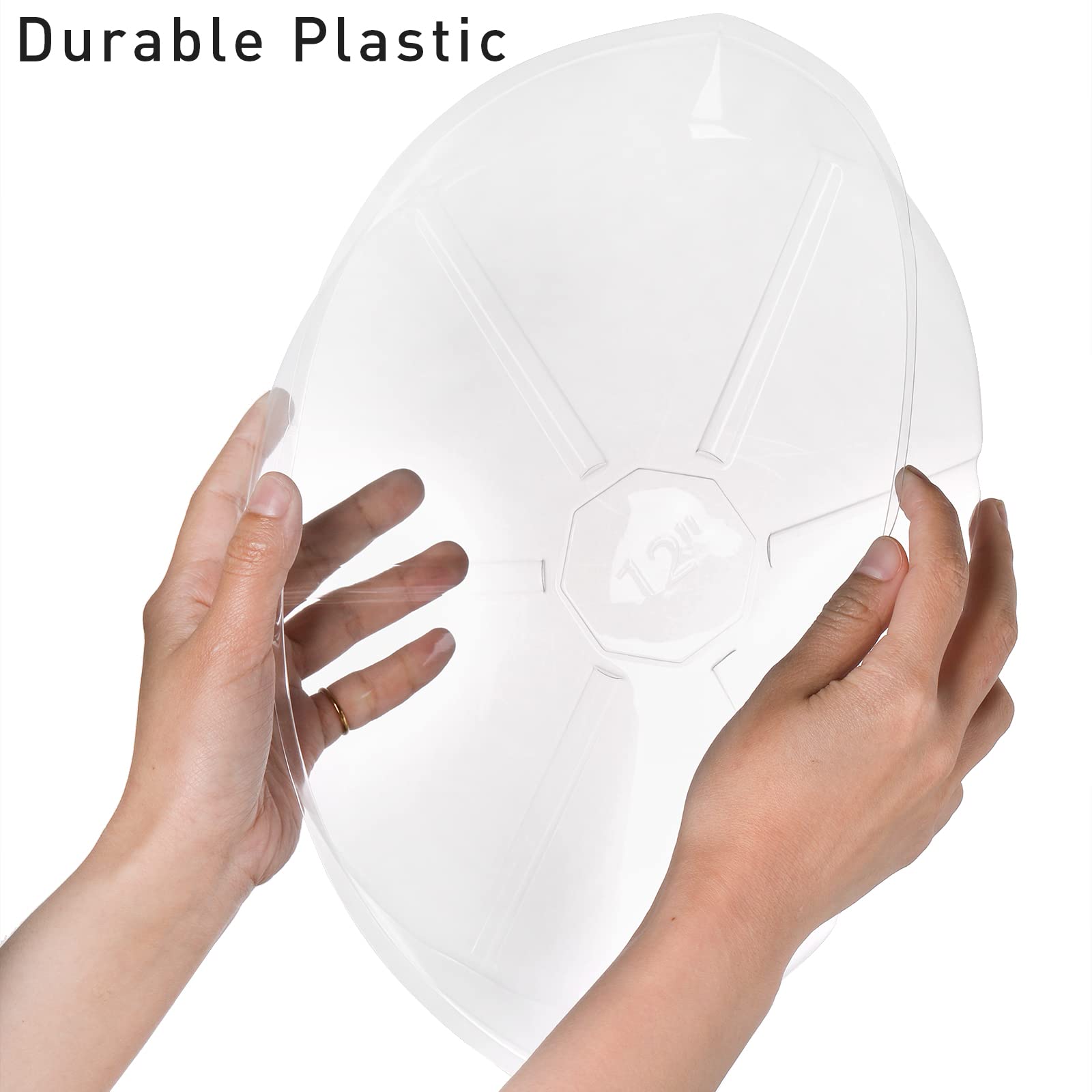 Hacaroa clear 8-inch plant saucer, bottom view, groove design aids drainage.