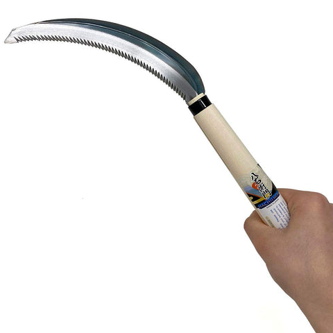 HACHIEMON serrated sickle handle design provides ergonomic grip for comfortable use.