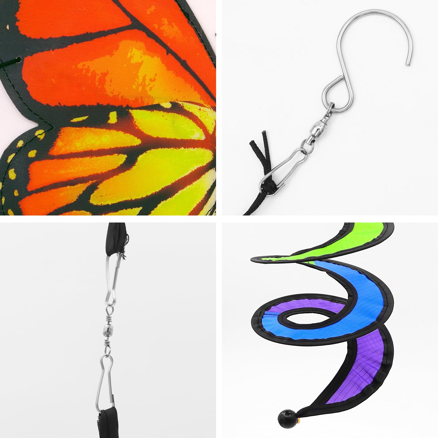 HADEEONG butterfly wind spinner display hung from a porch enhances garden ambiance.