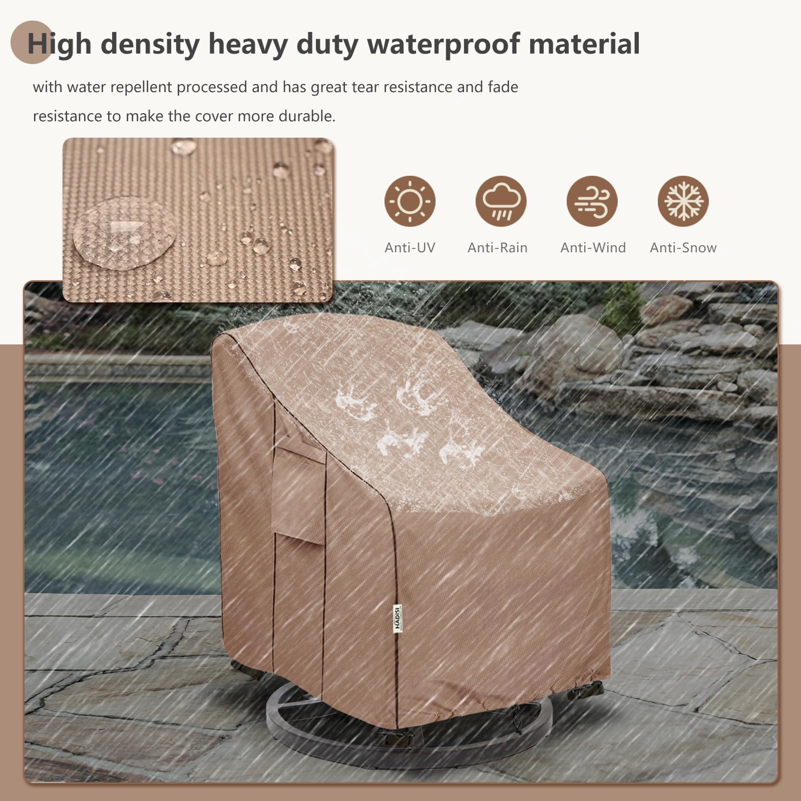 Hadisi easy-to-use chair cover with handles for quick removal and placement.