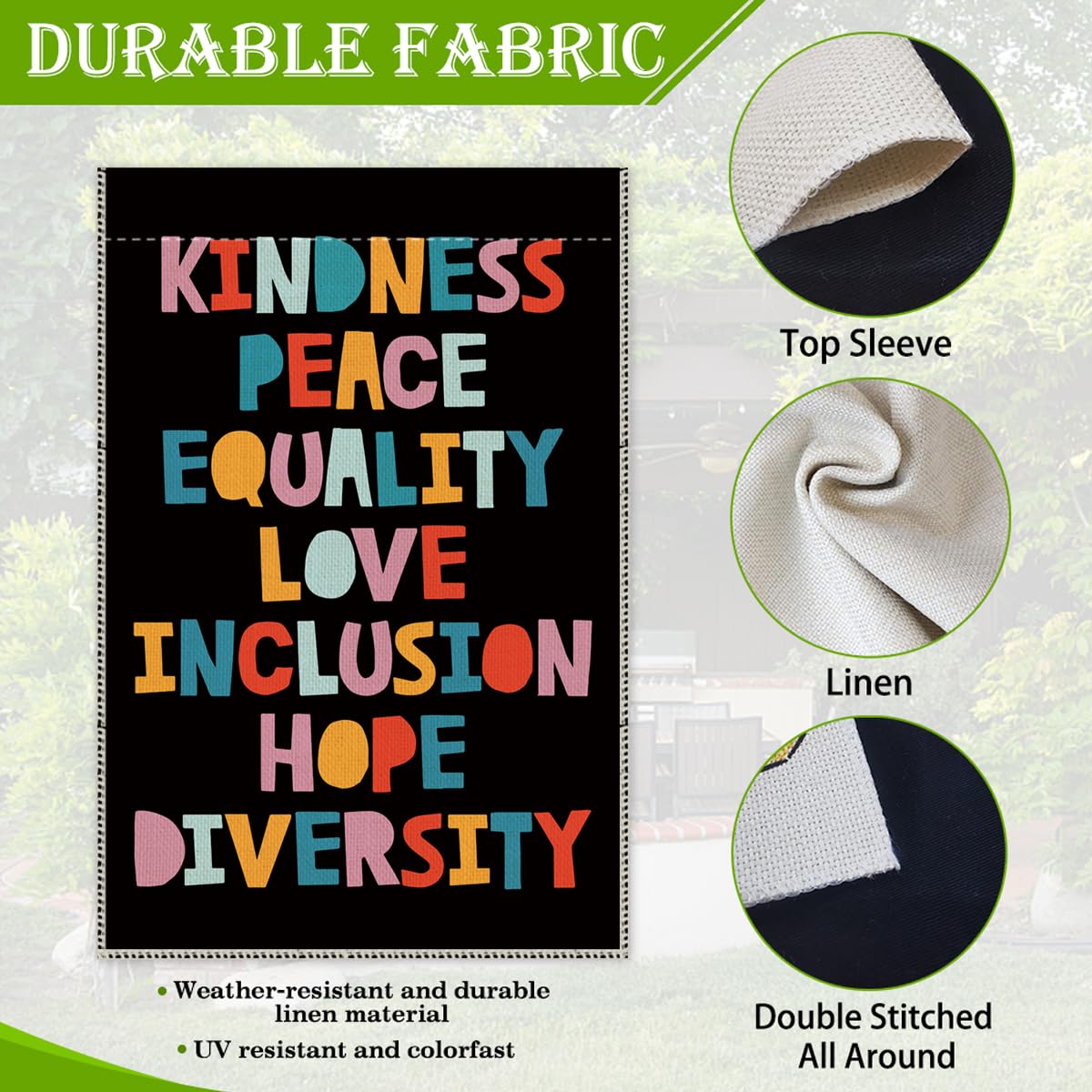 Hafhue Diversity garden flag closeup, vibrant colors for welcoming spaces.