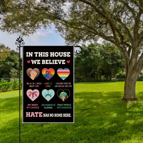 Hafhue Hate Has No Home Here flag close-up highlighting inclusive message.