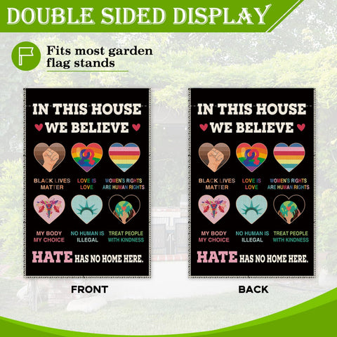 Hafhue In This House We Believe flag close-up, crisp typography and print.