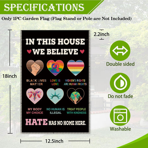 Hafhue In This House We Believe flag, double-sided design for visibility from both directions.