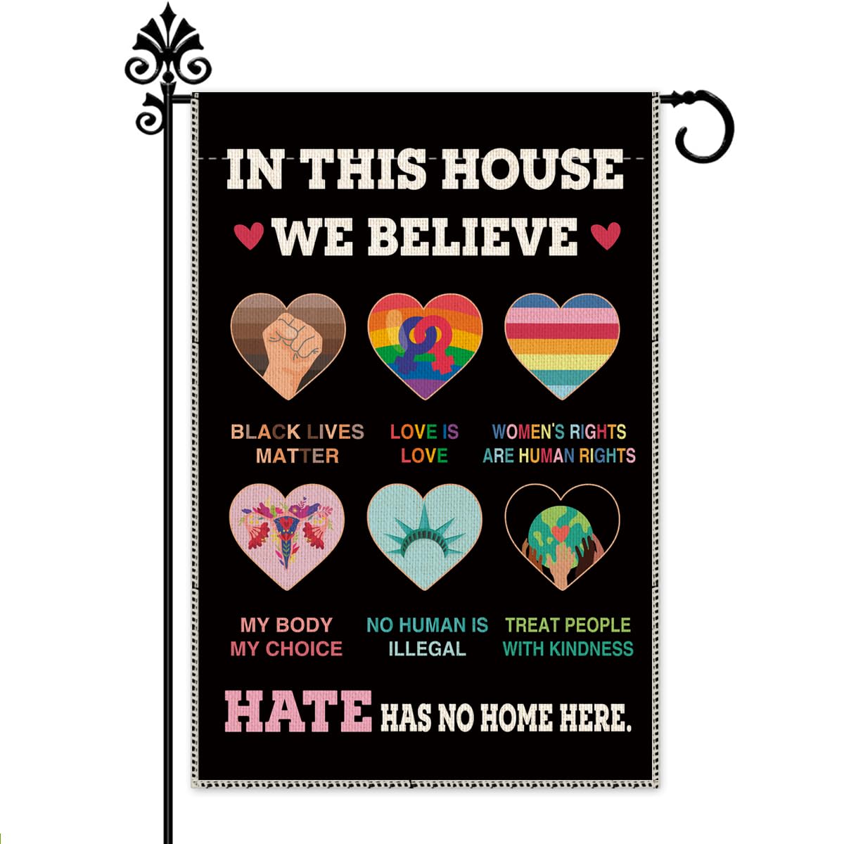 Hafhue In This House We Believe flag, front view, double-sided readability for outdoor display.