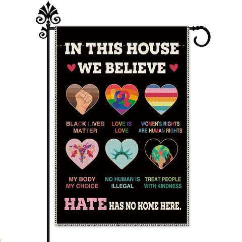 Hafhue In This House We Believe flag, front view, double-sided readability for outdoor display.