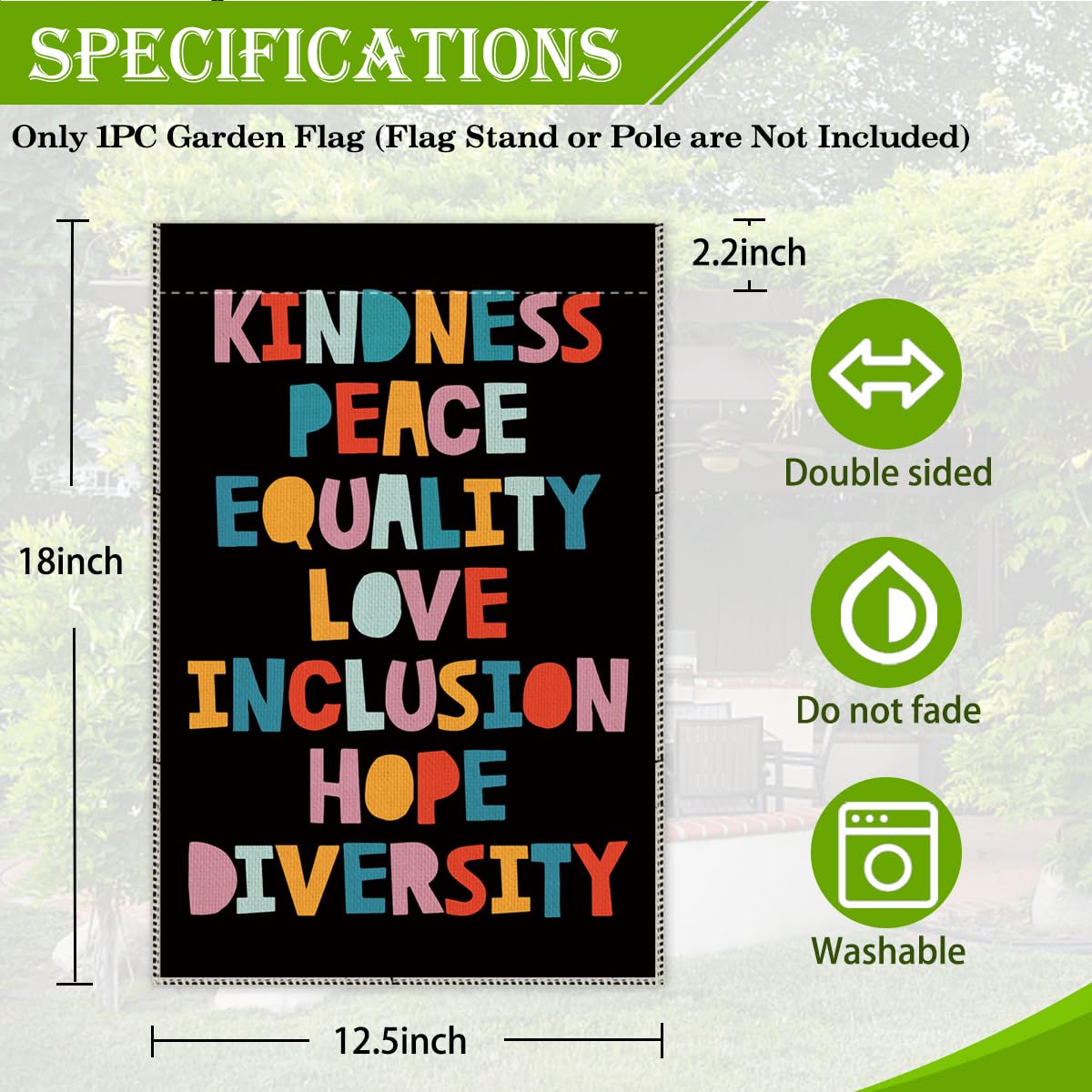 Hafhue Kindness flag back view, double-sided readability from either side.