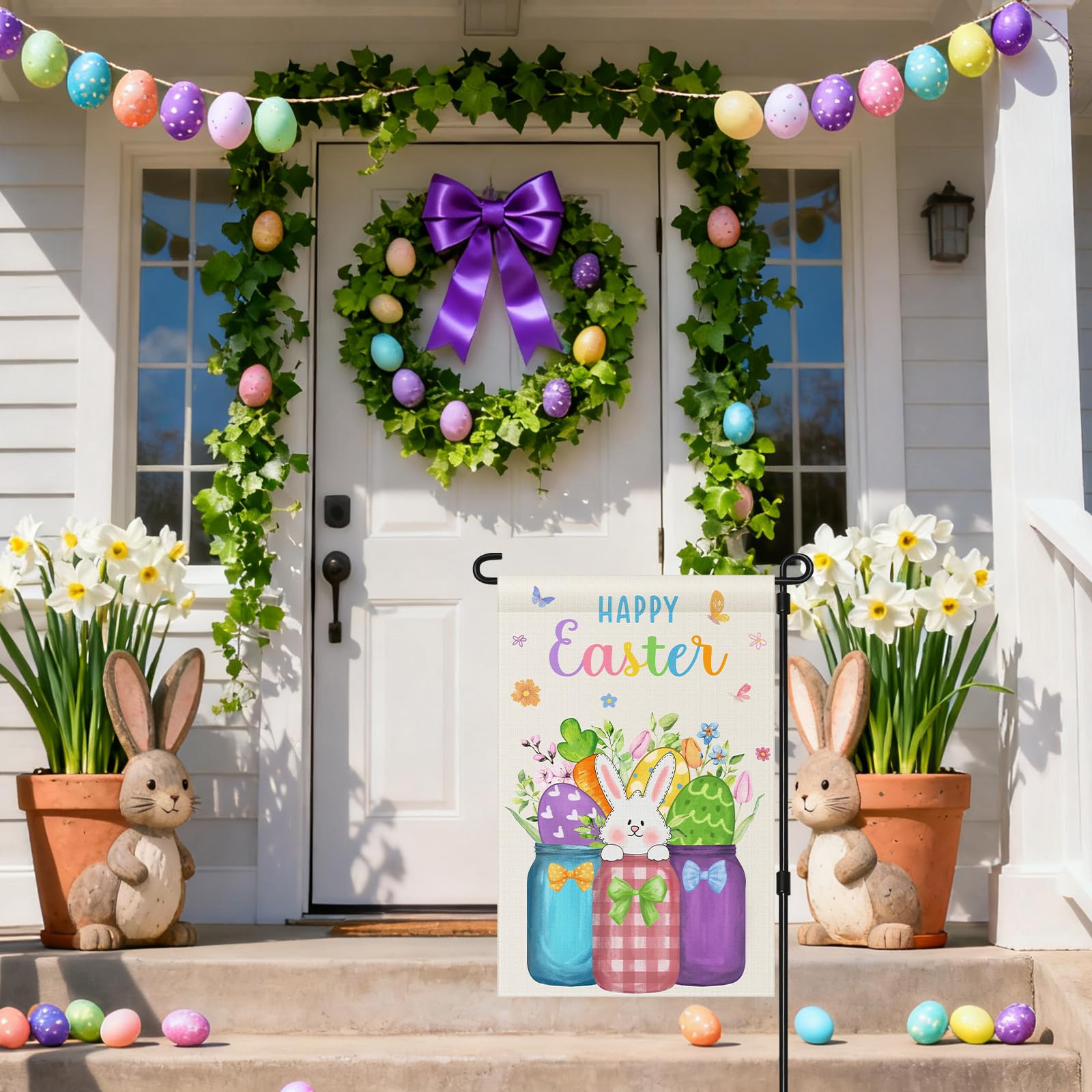Hahafelt garden flag display suitable for porches, patios, and lawns.