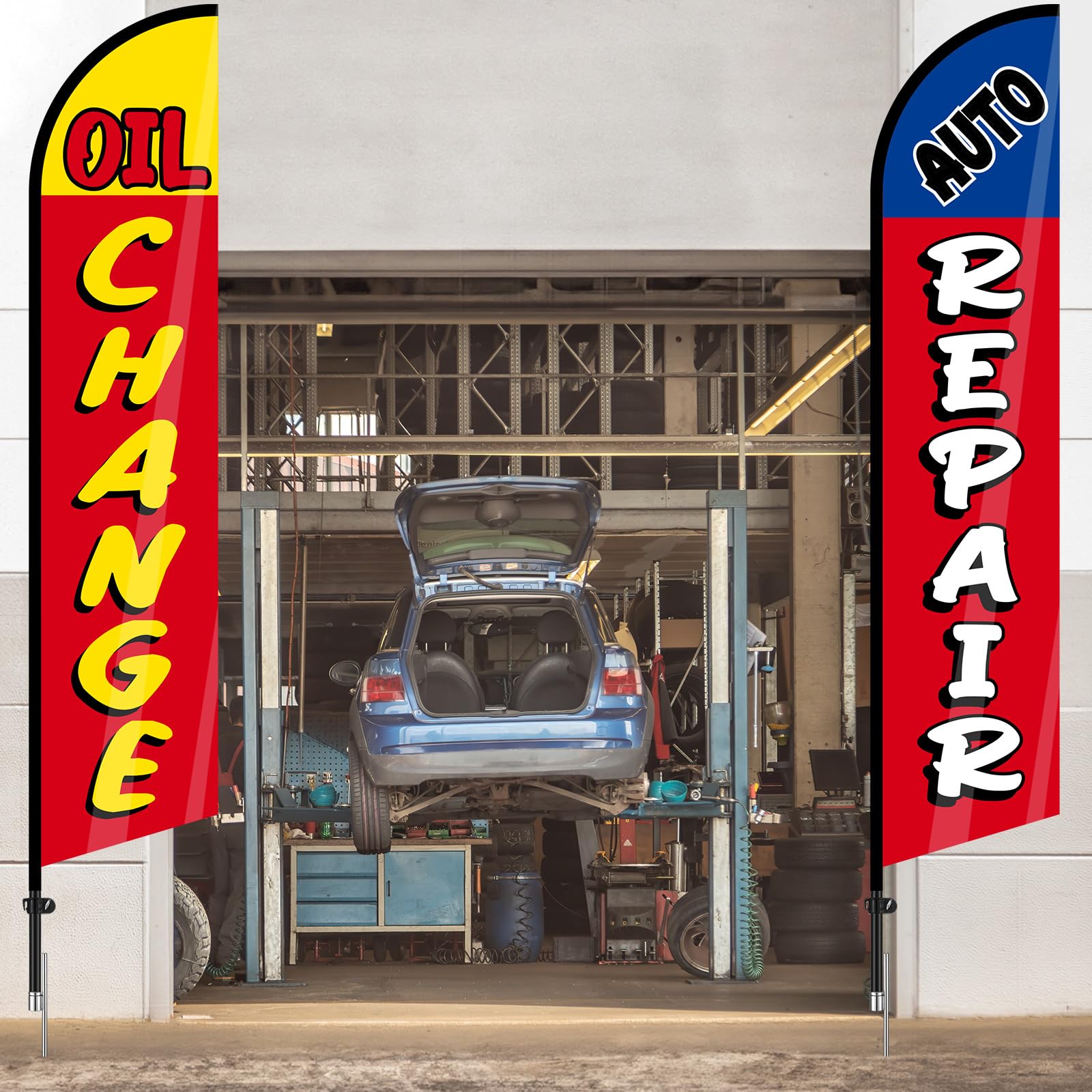 Hahafelt flag set supports outdoor promotion for auto shops.