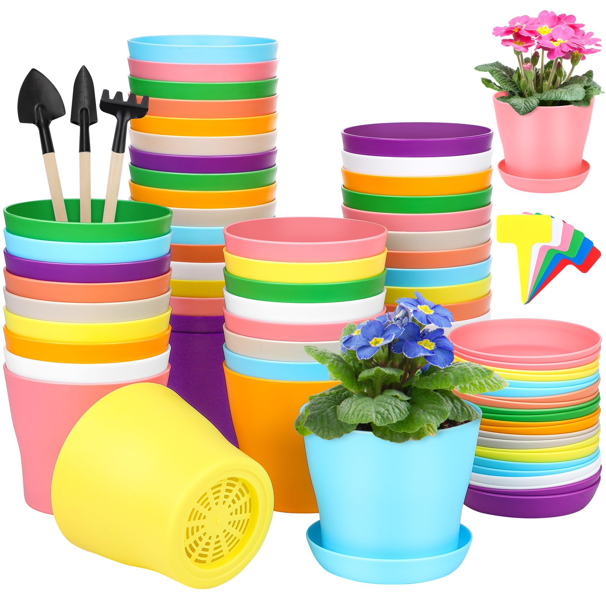 Hahood 48-pack plastic planters in 4-inch pots for seedlings and transplants.