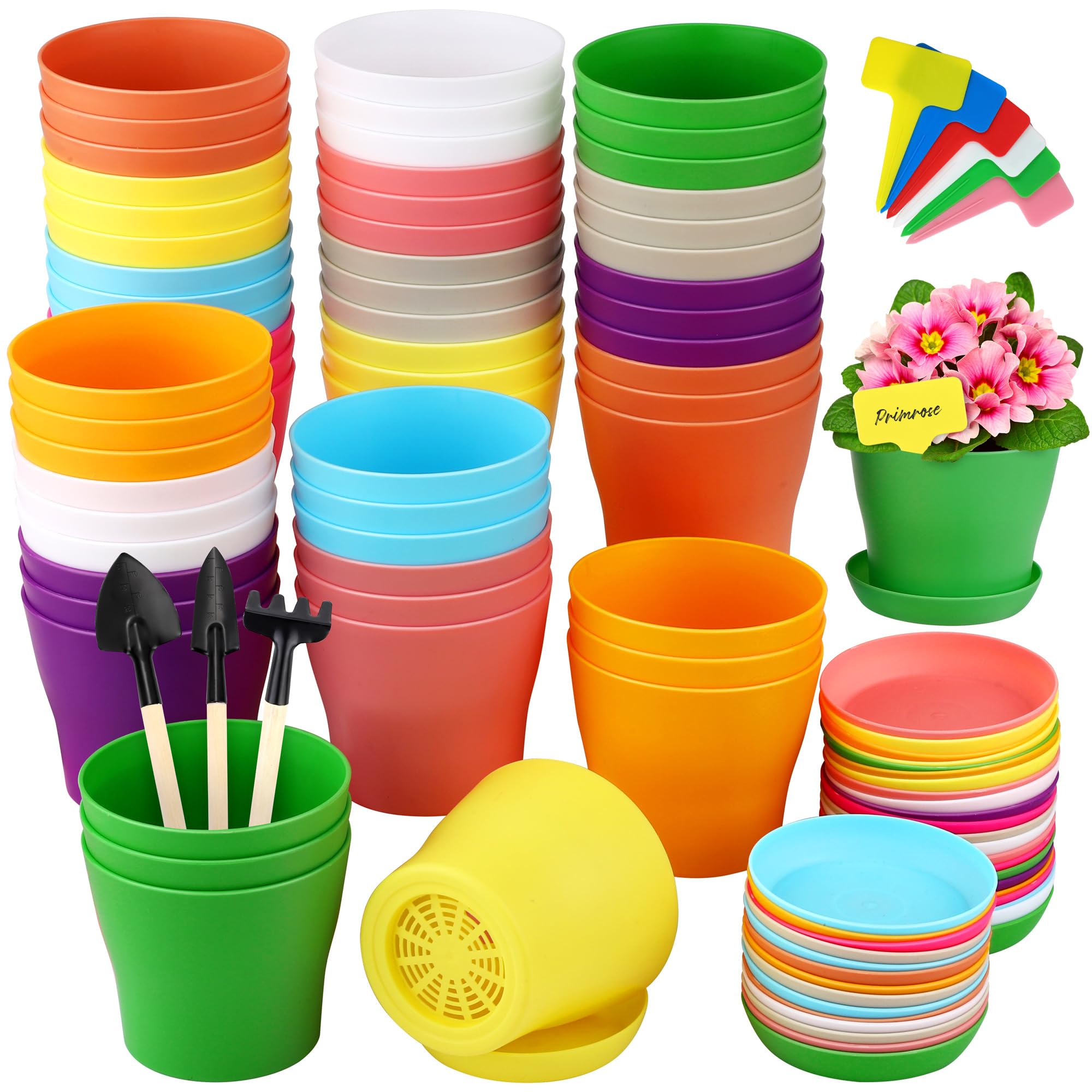 Hahood 60-pack plastic planters 4-inch, colorful set ideal for seed starting indoors.