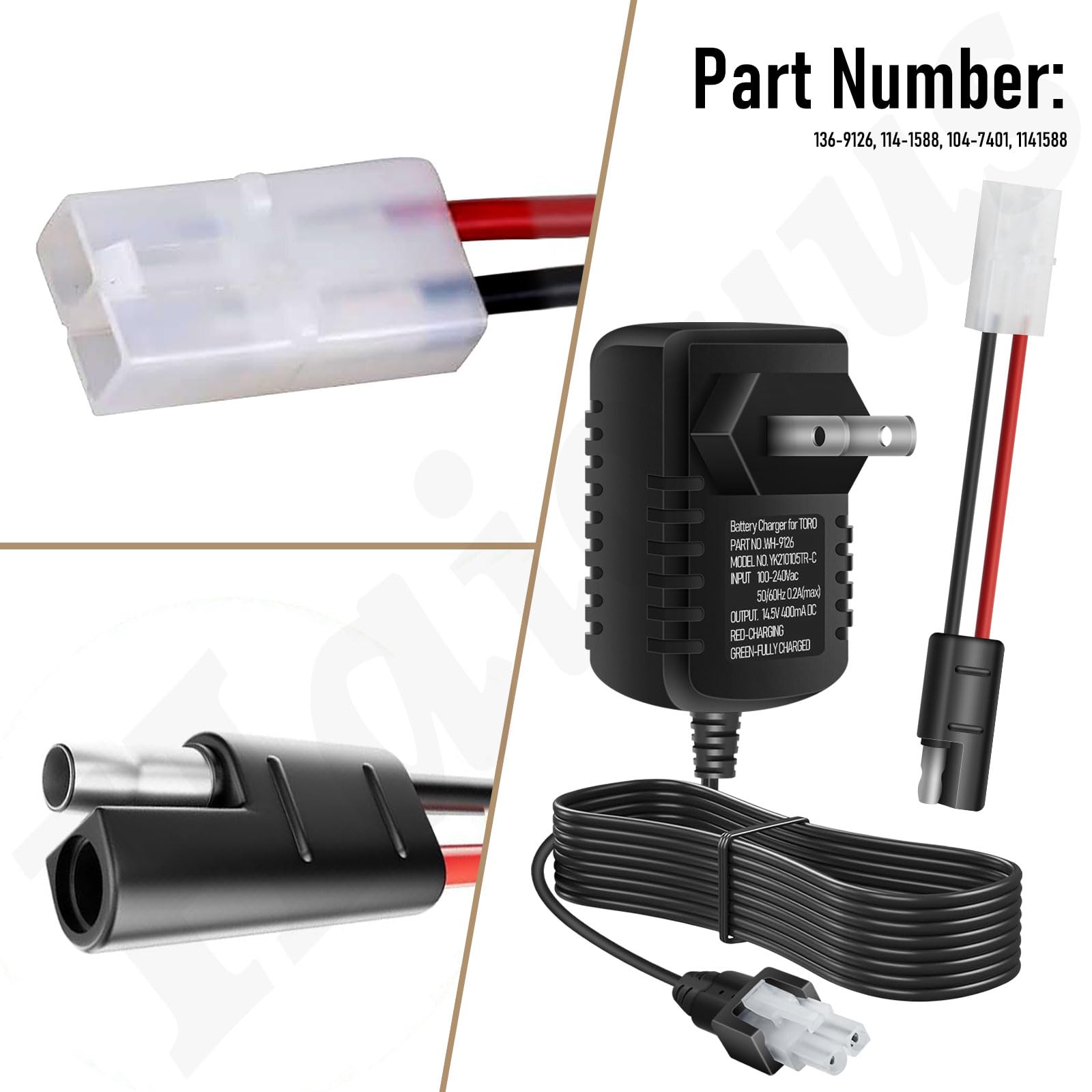 Haiouus battery charger connectors close-up, showing secure plug points.