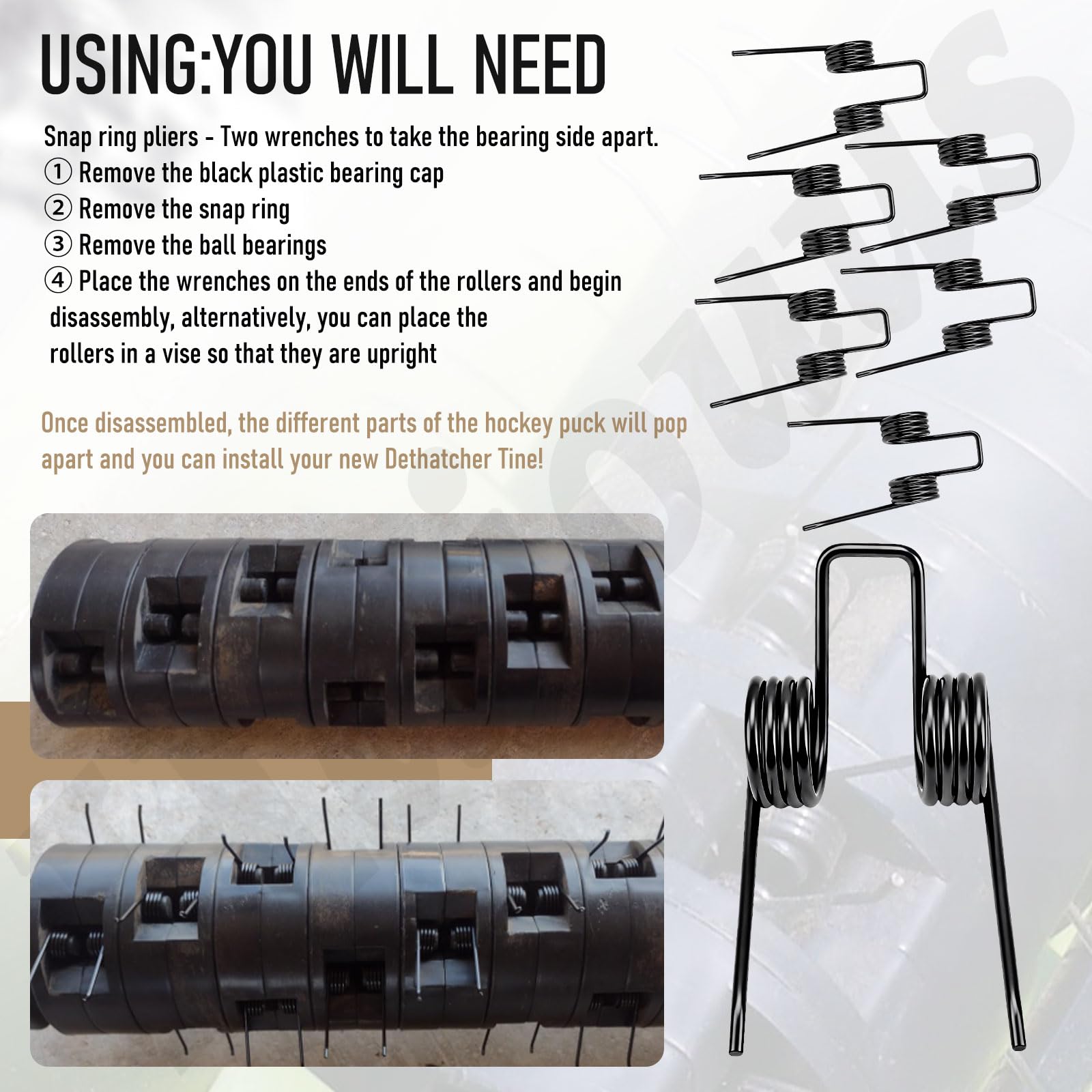Haiouus dethatcher tine installation steps with tools and guidance