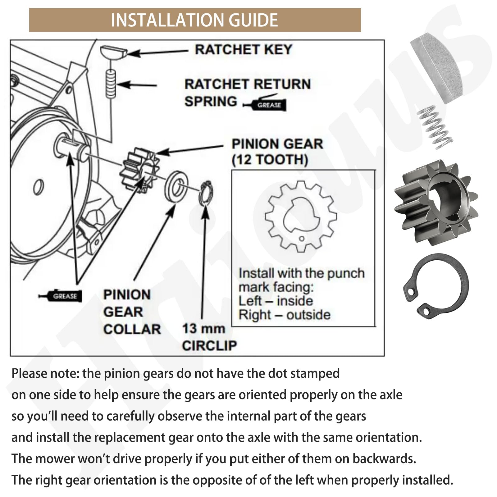 Haiouus drive gear kit packaging flat lay with gears, clips, keys, springs