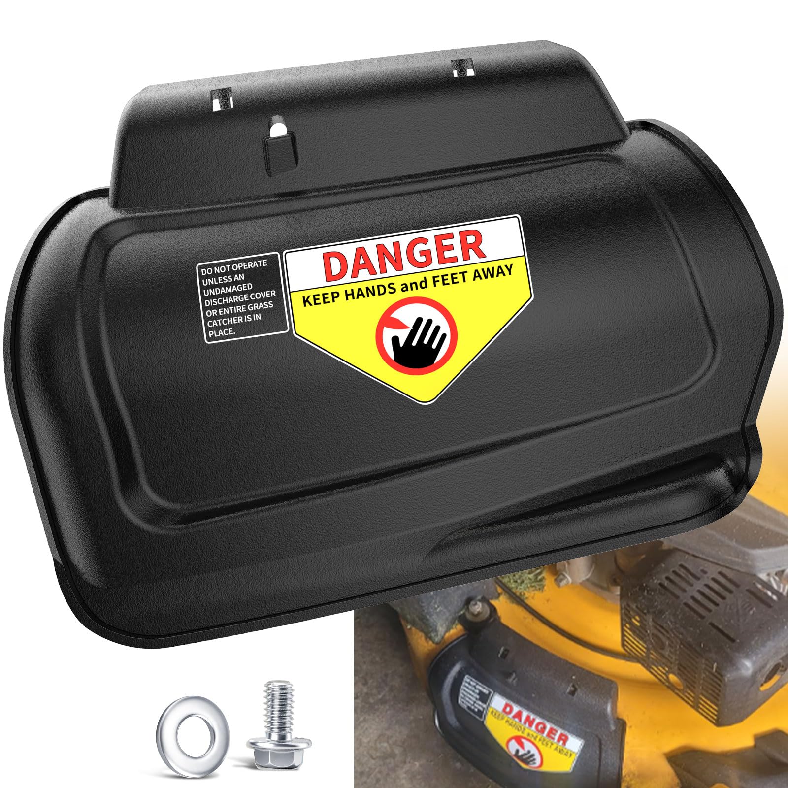 Haiouus hinged mulching plug assembly for quick, secure installation on compatible lawn mowers.