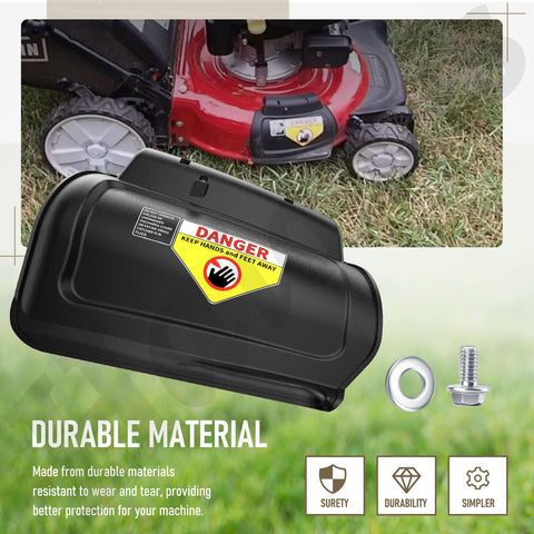 Haiouus hinged mulching plug installed under the mower chute for efficient mulching.