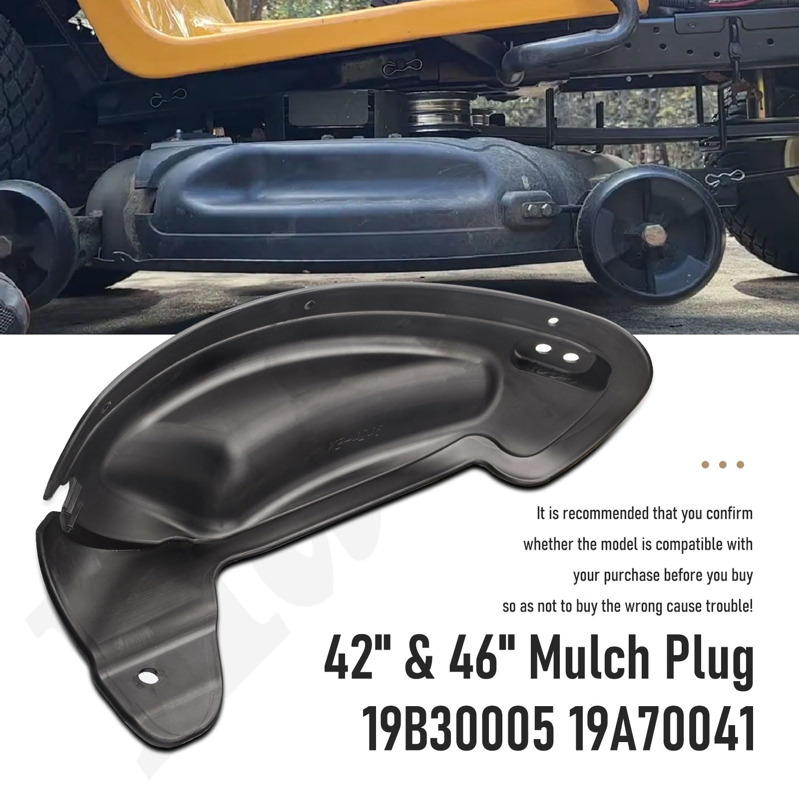 Haiouus mulch plug aligned with 46-inch deck for even coverage.