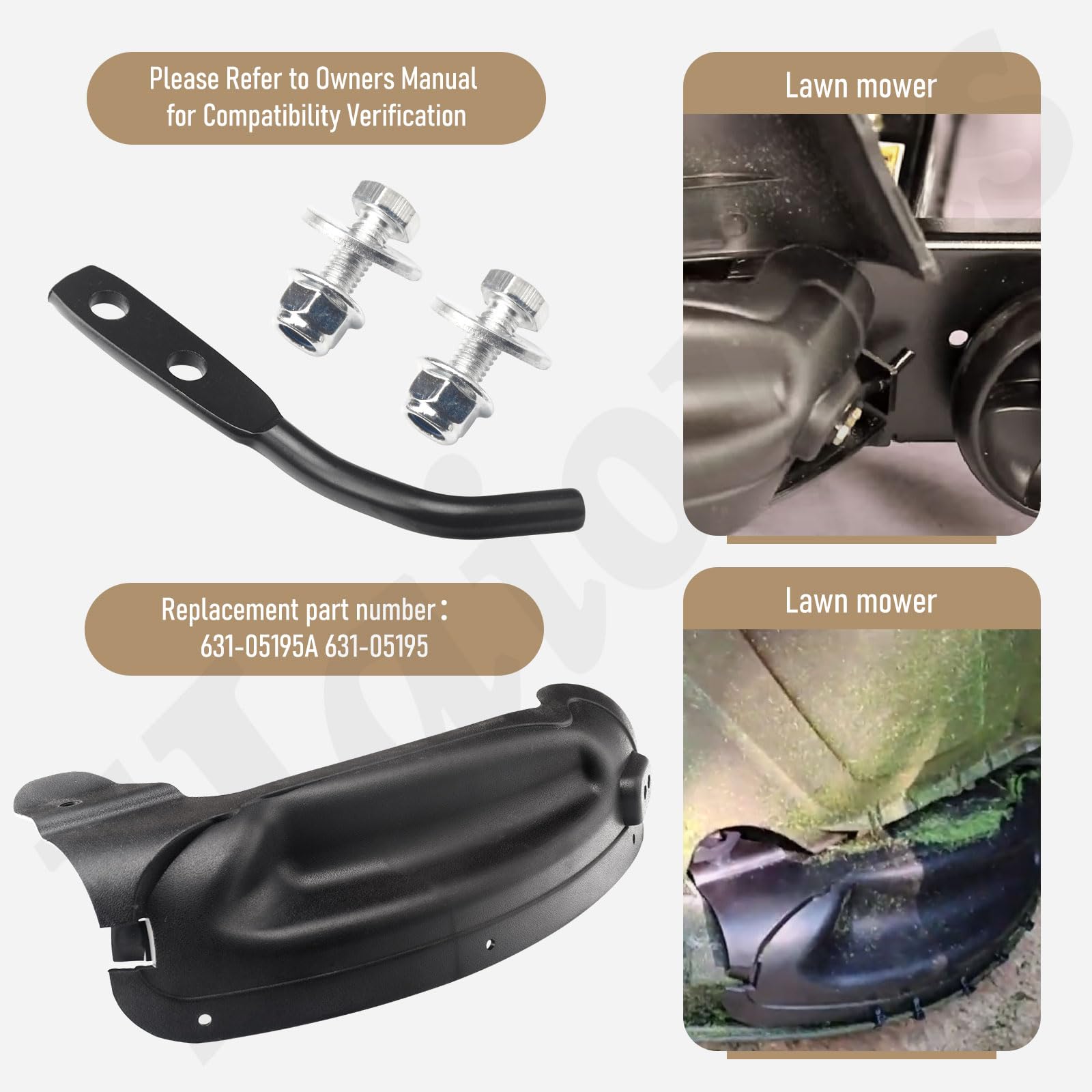 Haiouus mulch plug showing broad compatibility with major mower brands.