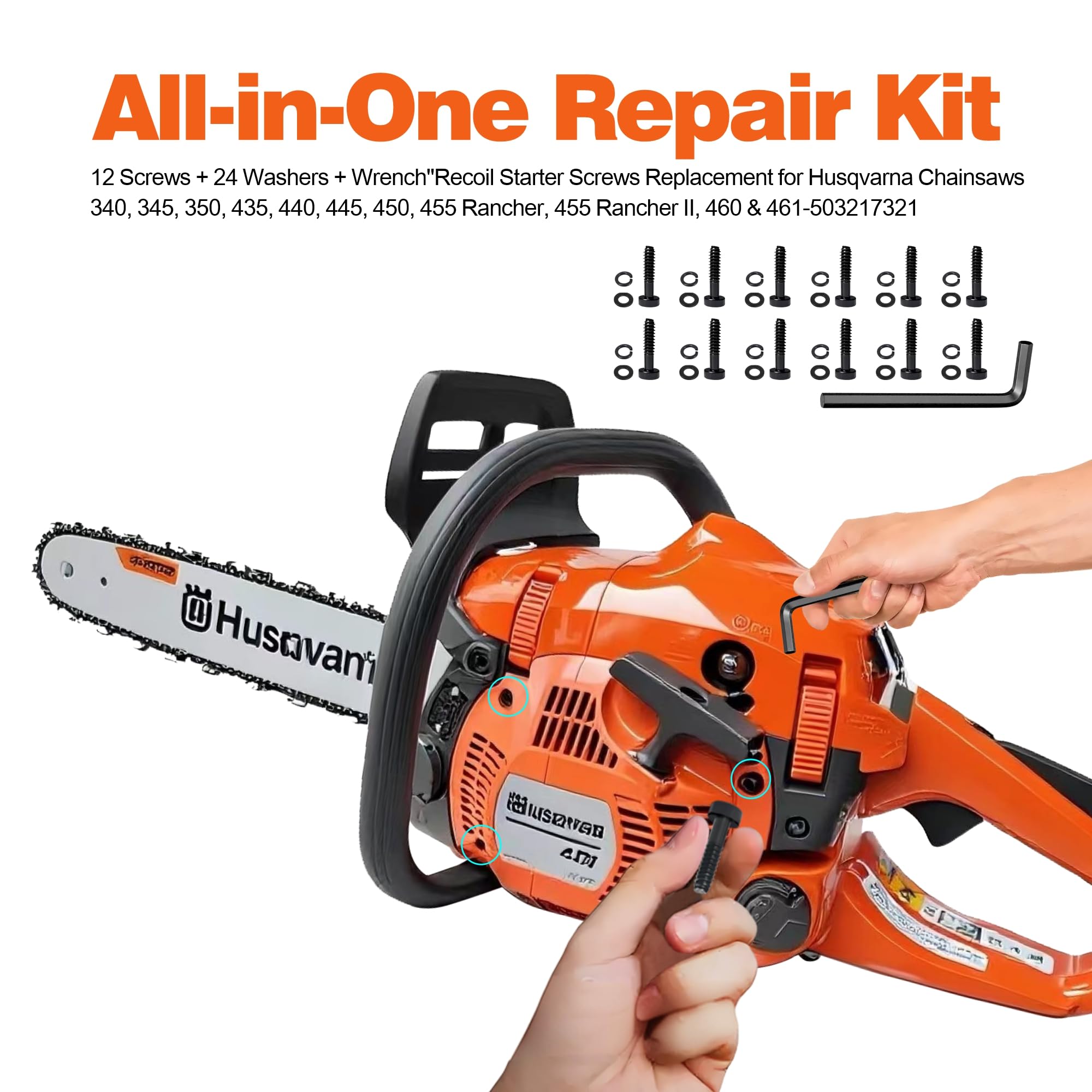 Flat and lock washers in the kit provide secure mounting for Husqvarna starters