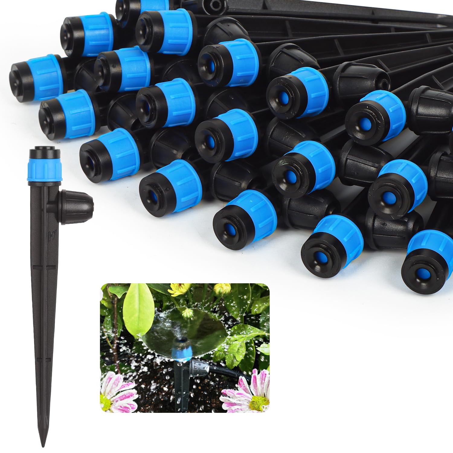 Hakioi drip emitter close-up showing 360-degree fan spray for even watering
