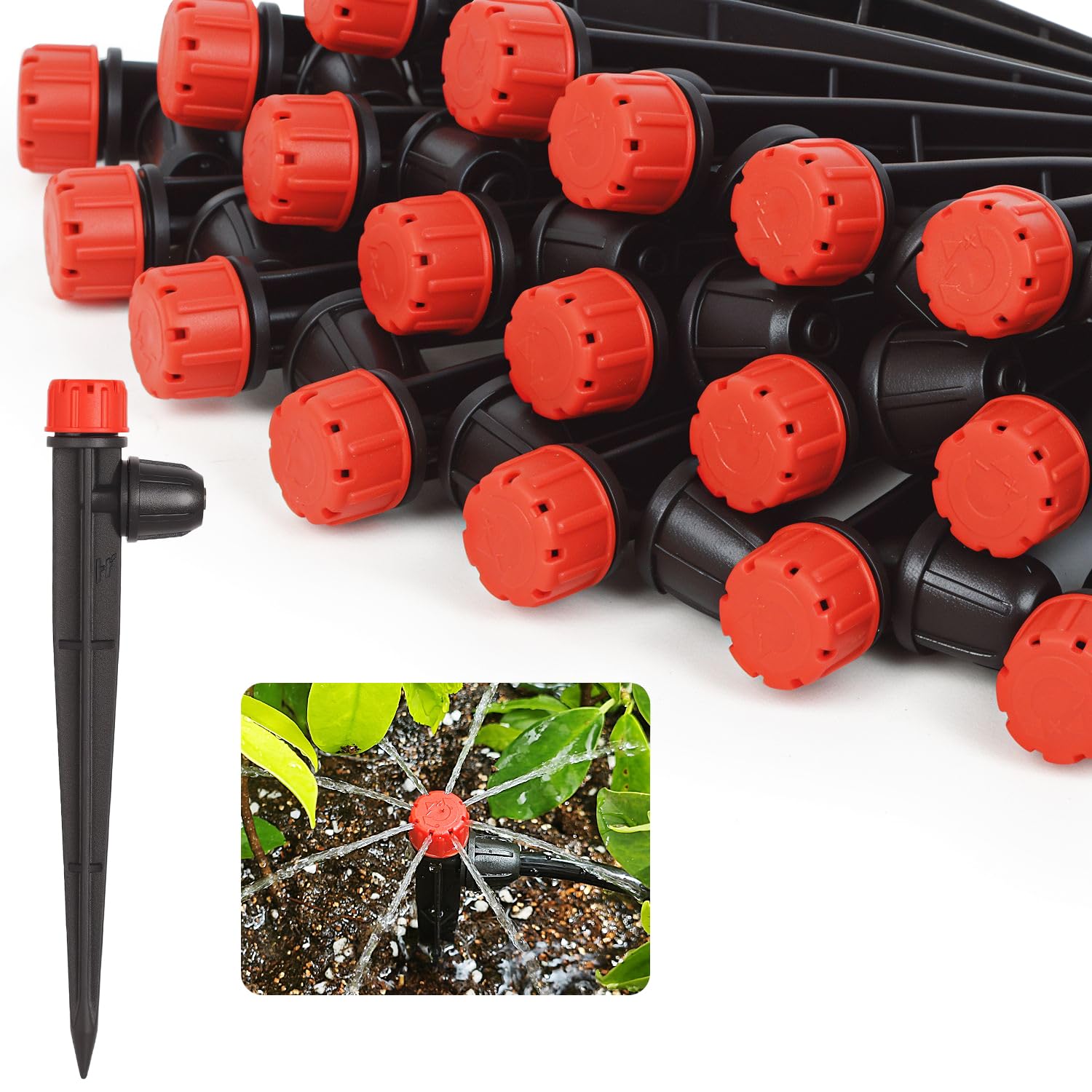 Hakioi drip emitter with 360-degree flow for even garden watering.